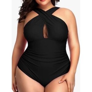 Daci Black Plus‎ 20W One Piece Swimsuit H Ruched Tie Keyhole Tummy Control